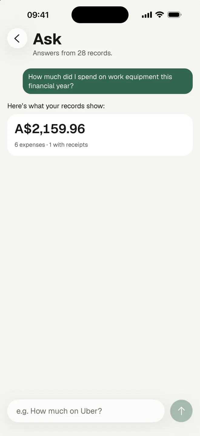 Ask HeyJerni answering how much was spent on work equipment this financial year, from the records on the phone