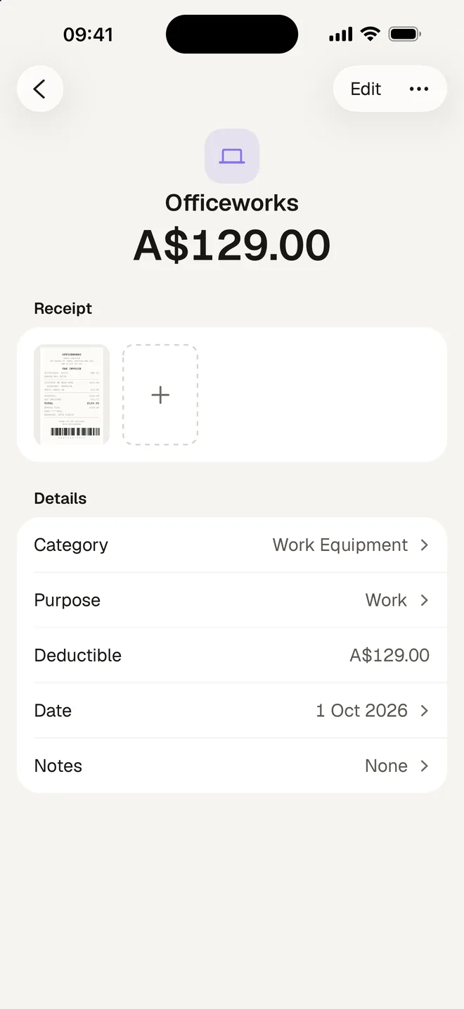 HeyJerni expense from a scanned Officeworks receipt: the amount, the receipt image, and its category, purpose and date