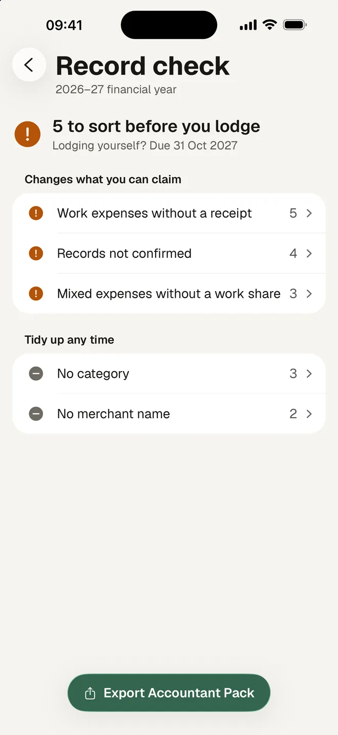 HeyJerni Record Check: five things to sort before lodging, and the Export Accountant Pack button