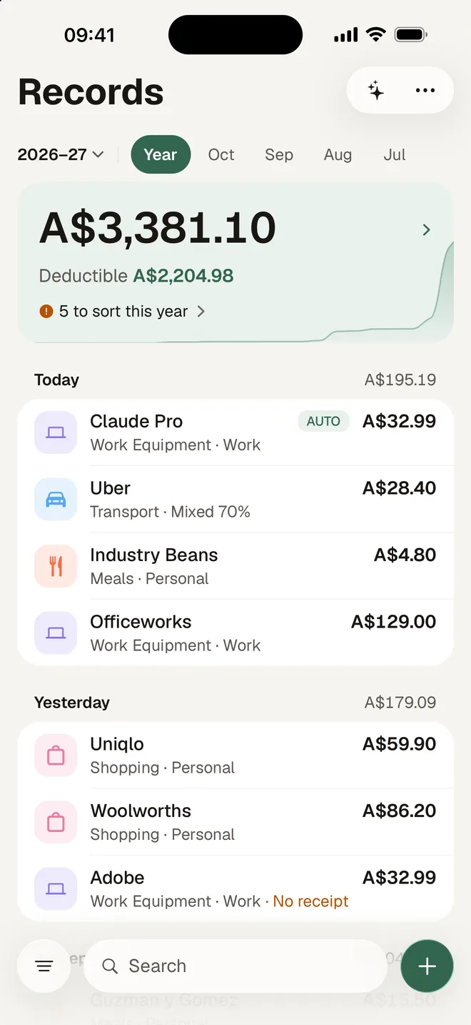 HeyJerni Records screen: the year so far, what is deductible, and today's expenses, one logged automatically from Apple Pay