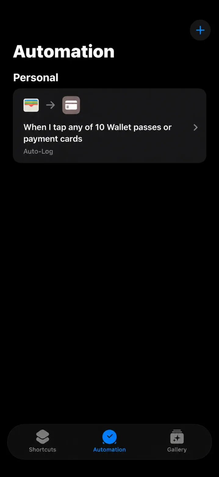 The iOS Shortcuts automation for HeyJerni auto-log, set to run when an Apple Pay card is tapped